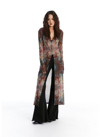 Palton lung din plasă cu imprimeu pictură în ulei, guler rotund, nasturi într-un rând, protecție solară