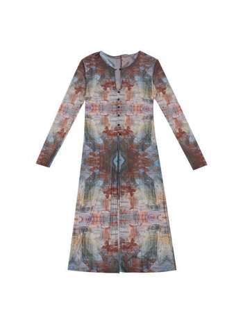 Palton lung din plasă cu imprimeu pictură în ulei, guler rotund, nasturi într-un rând, protecție solară