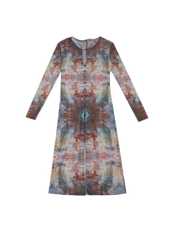 Palton lung din plasă cu imprimeu pictură în ulei, guler rotund, nasturi într-un rând, protecție solară