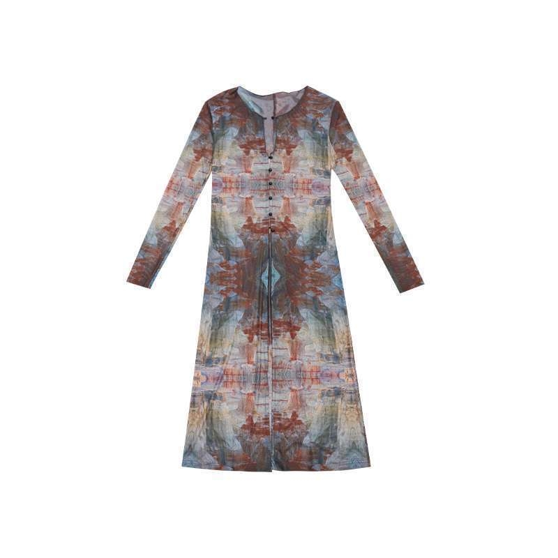 Palton lung din plasă cu imprimeu pictură în ulei, guler rotund, nasturi într-un rând, protecție solară