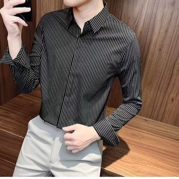 Cămașă bărbătească în dungi, cu mânecă lungă, croială lejeră, stil coreean, guler rever