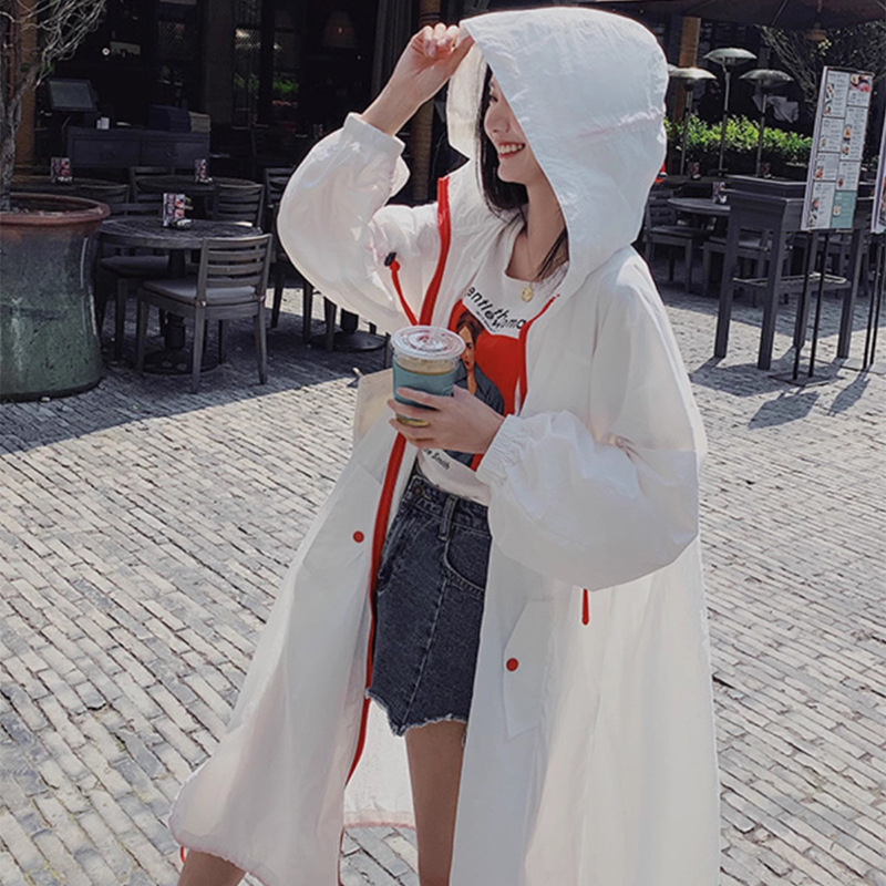 Ženski dugi, lagani kardigan za sunčevu zaštitu s zatvaračem; slobodan kroj do koljena; materijal viskoza/ledeno svila; UPF40+; proljeće 2025; jednobojan; japansko-korejski opušten stil.