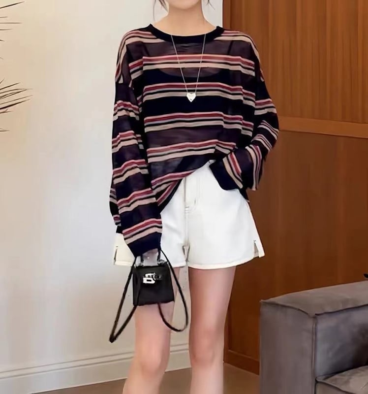 Ženska bluza s okruglim izrezom, dugi rukav, ležeran kroj, ultra-tanka tkanina, lan s visokim twistom