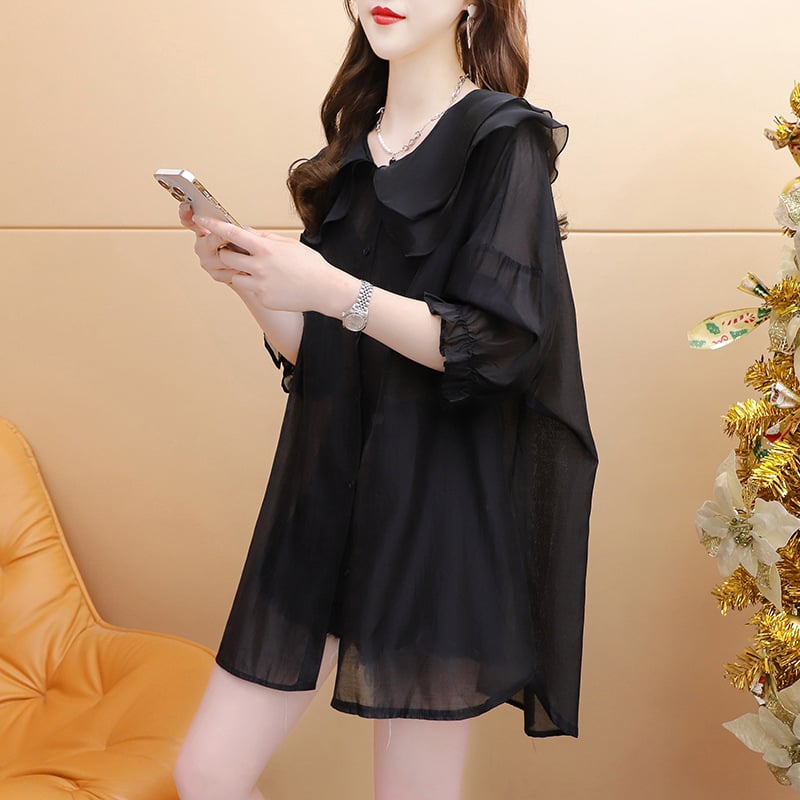 Ženski košulno-jakna s ovratnikom Doll Collar, široki kroj, dugi rukavi, tanak poliester, Harajuku stil