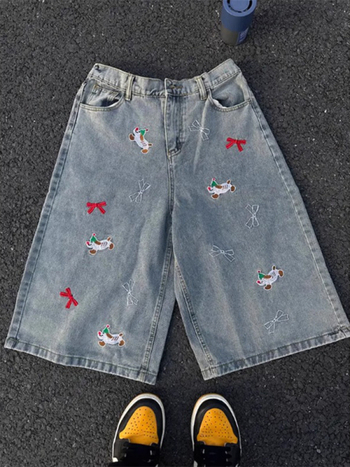 Muške kratke traperice šorceve s izvezenim psom, ležerni ravni kroj, ljeto