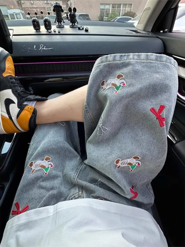 Muške kratke traperice šorceve s izvezenim psom, ležerni ravni kroj, ljeto