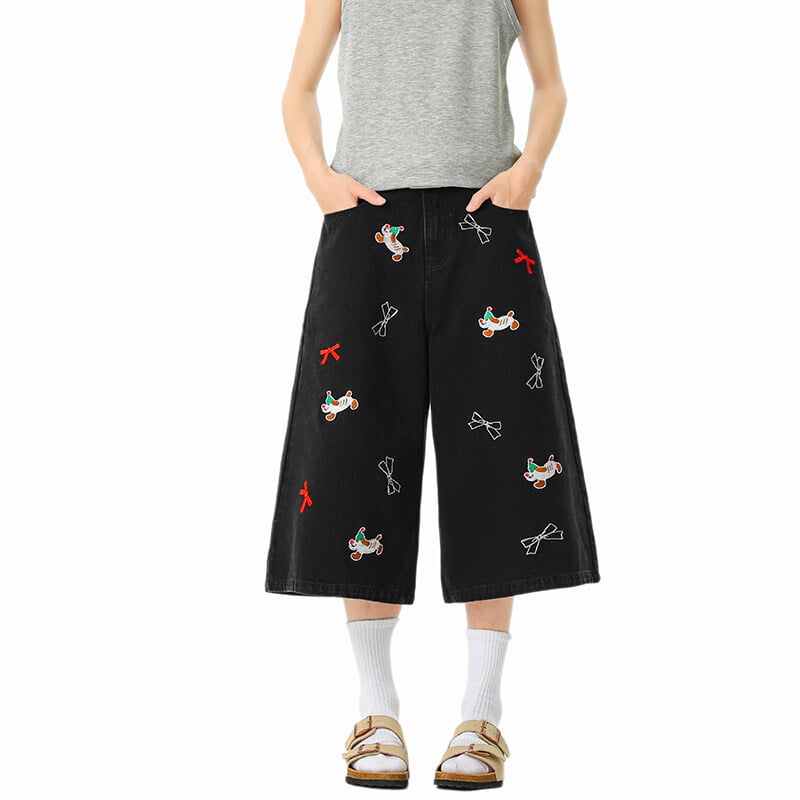 Muške kratke traperice šorceve s izvezenim psom, ležerni ravni kroj, ljeto