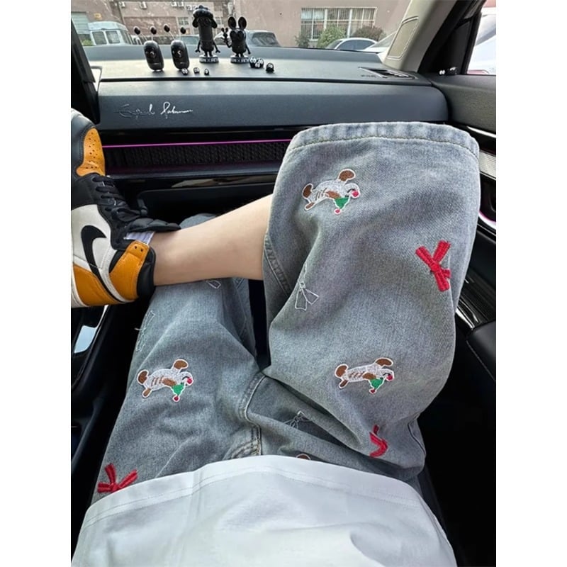 Muške kratke traperice šorceve s izvezenim psom, ležerni ravni kroj, ljeto