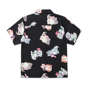 Риза с принт на котка, винтидж стил кардиган, къс ръкав, лафел яка, дигитален печат