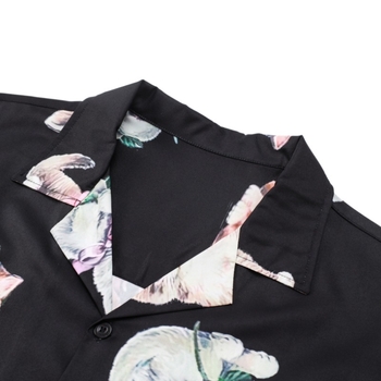 Риза с принт на котка, винтидж стил кардиган, къс ръкав, лафел яка, дигитален печат