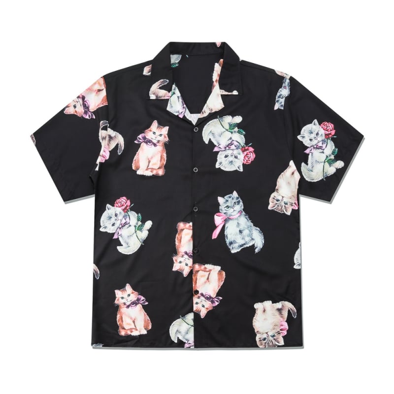 Риза с принт на котка, винтидж стил кардиган, къс ръкав, лафел яка, дигитален печат
