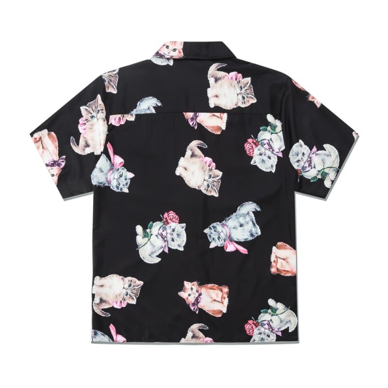 Риза с принт на котка, винтидж стил кардиган, къс ръкав, лафел яка, дигитален печат