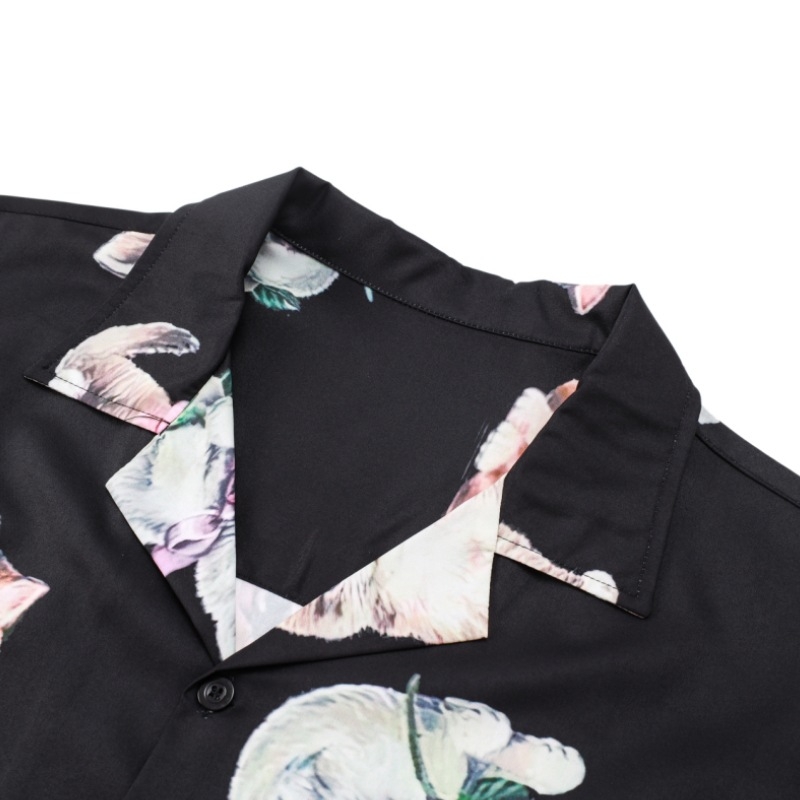 Риза с принт на котка, винтидж стил кардиган, къс ръкав, лафел яка, дигитален печат