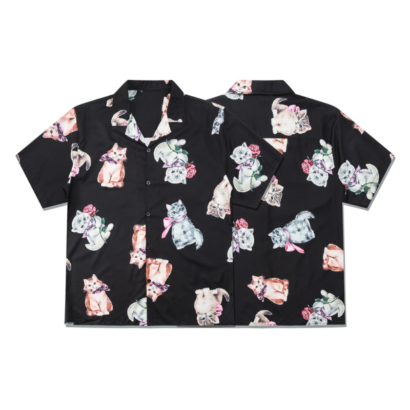 Риза с принт на котка, винтидж стил кардиган, къс ръкав, лафел яка, дигитален печат