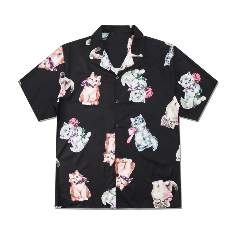 Риза с принт на котка, винтидж стил кардиган, къс ръкав, лафел яка, дигитален печат