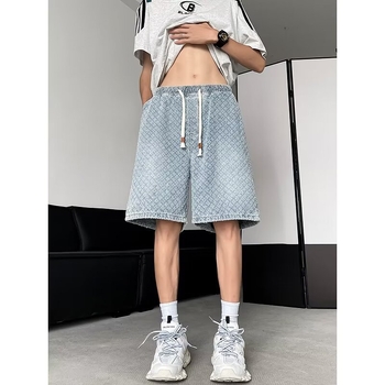 Muške traper šortse s opuštenim krojem, ravni kroj, dužina iznad koljena, ljetni stil (Traper; Opušteni kroj; Ravni kroj; Dužina iznad koljena)