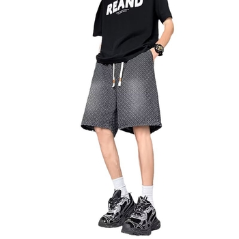 Muške traper šortse s opuštenim krojem, ravni kroj, dužina iznad koljena, ljetni stil (Traper; Opušteni kroj; Ravni kroj; Dužina iznad koljena)