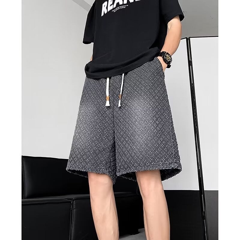 Muške traper šortse s opuštenim krojem, ravni kroj, dužina iznad koljena, ljetni stil (Traper; Opušteni kroj; Ravni kroj; Dužina iznad koljena)