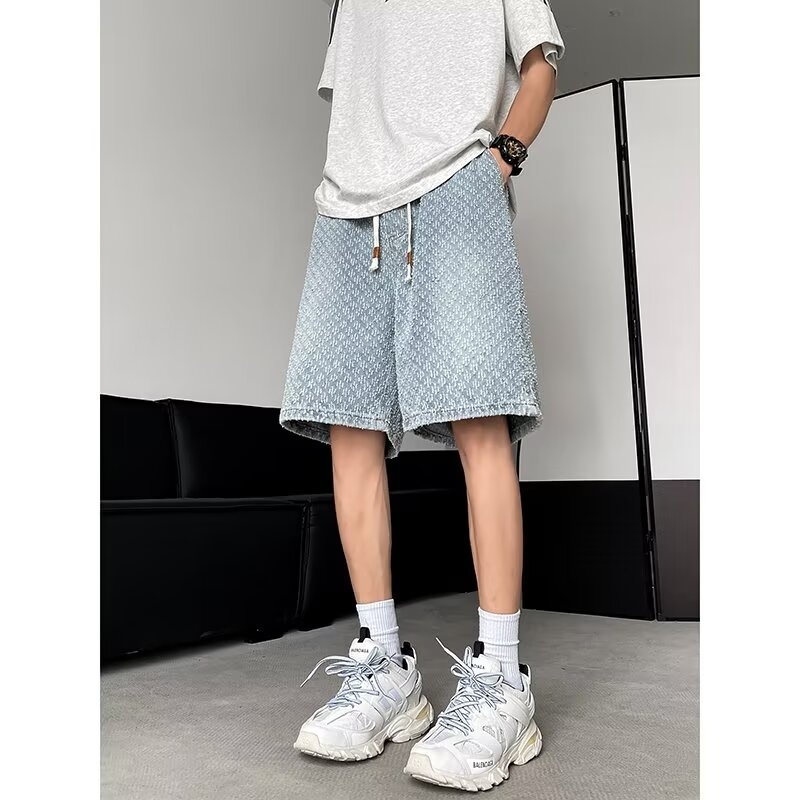 Muške traper šortse s opuštenim krojem, ravni kroj, dužina iznad koljena, ljetni stil (Traper; Opušteni kroj; Ravni kroj; Dužina iznad koljena)