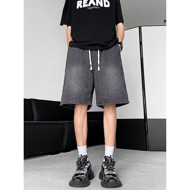 Muške traper šortse s opuštenim krojem, ravni kroj, dužina iznad koljena, ljetni stil (Traper; Opušteni kroj; Ravni kroj; Dužina iznad koljena)