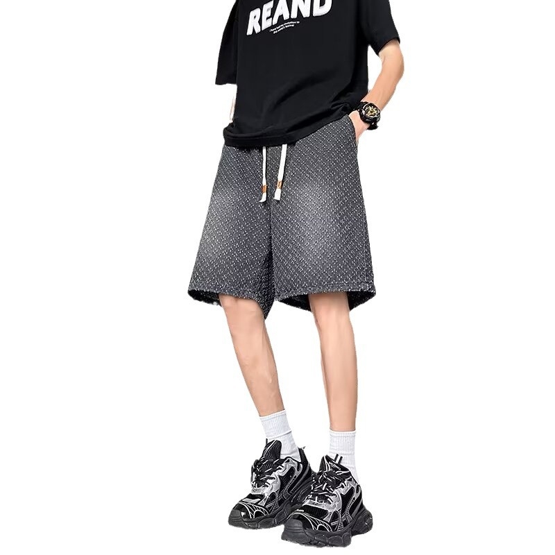 Muške traper šortse s opuštenim krojem, ravni kroj, dužina iznad koljena, ljetni stil (Traper; Opušteni kroj; Ravni kroj; Dužina iznad koljena)