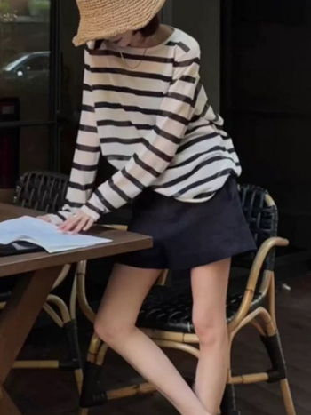 Ženski prugasti pleteni top od Tencel Lyocell, slobodan kroj, dugi rukavi, srednja duljina 65–80 cm