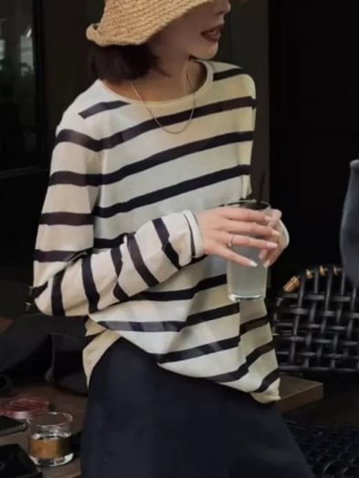 Ženski prugasti pleteni top od Tencel Lyocell, slobodan kroj, dugi rukavi, srednja duljina 65–80 cm