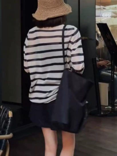 Ženski prugasti pleteni top od Tencel Lyocell, slobodan kroj, dugi rukavi, srednja duljina 65–80 cm