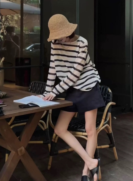 Ženski prugasti pleteni top od Tencel Lyocell, slobodan kroj, dugi rukavi, srednja duljina 65–80 cm