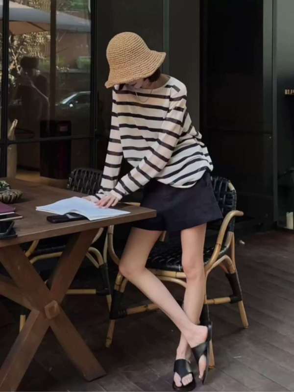 Ženski prugasti pleteni top od Tencel Lyocell, slobodan kroj, dugi rukavi, srednja duljina 65–80 cm