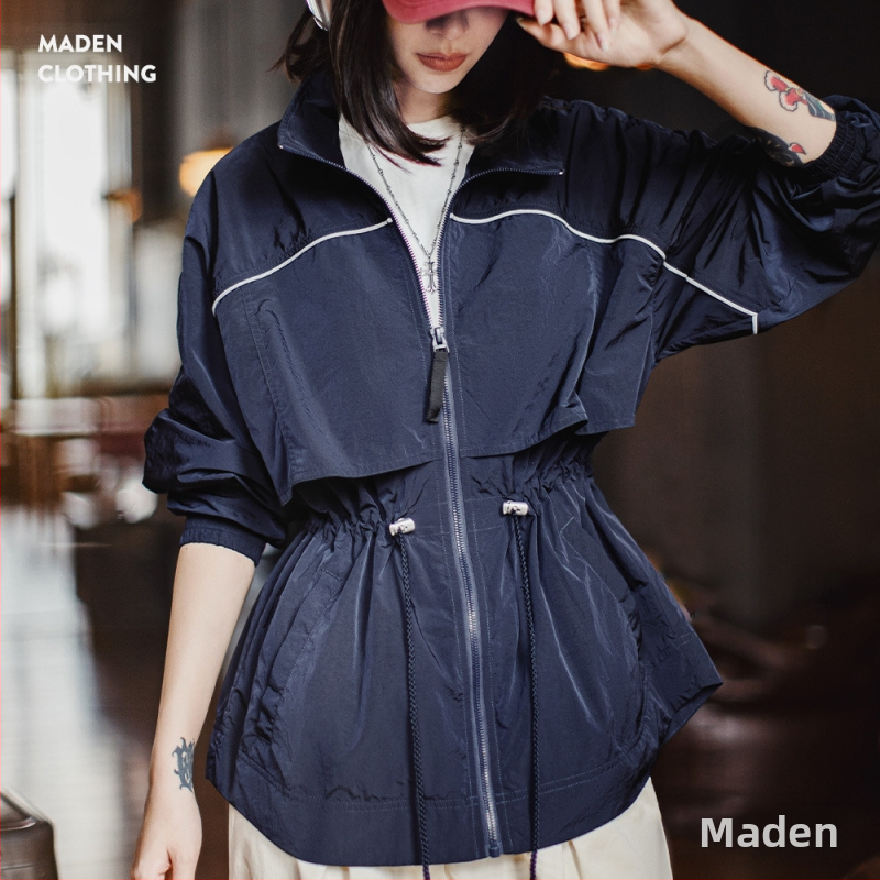 Dámska nylonová windbreaker bunda voľný strih, stojací golier, dlhé rukávy, tenký materiál