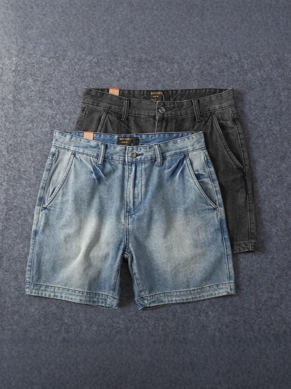 Muške traper šorceve, vintage stil, oprane, ravni kroj, pamuk 85%