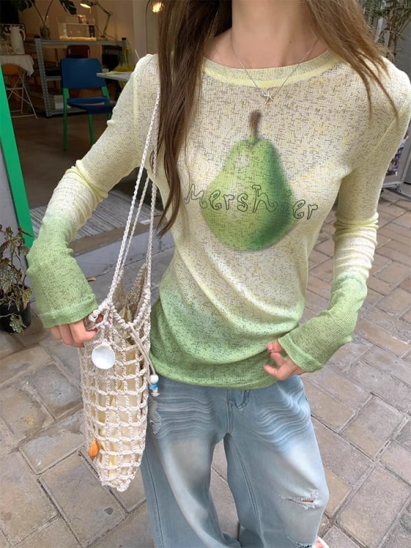 Ženska bluza s UV zaštitom, otisak kruške, slobodan kroj, dugi rukavi, UPF30+