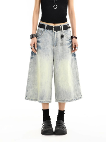 Muške kapri traper šorc - ravna silueta, srednji pojas, zatvarač, ukrasne džepove, poliester kaubojska tkanina