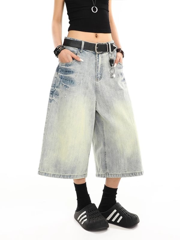 Muške kapri traper šorc - ravna silueta, srednji pojas, zatvarač, ukrasne džepove, poliester kaubojska tkanina