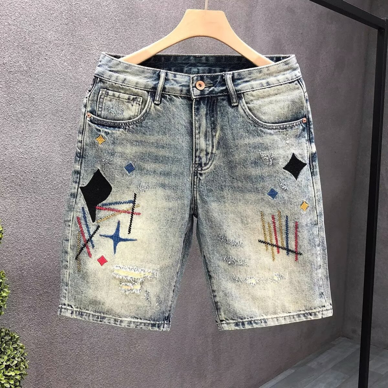 Muške traper šorceve - pet inča duljina, ravni kroj, hip-hop stil, denim tkanina, poliester