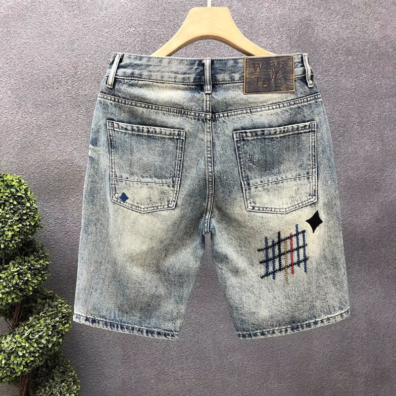 Muške traper šorceve - pet inča duljina, ravni kroj, hip-hop stil, denim tkanina, poliester