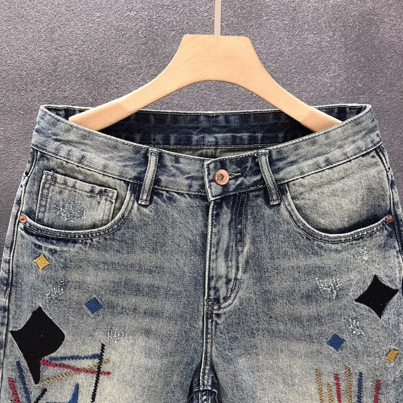 Muške traper šorceve - pet inča duljina, ravni kroj, hip-hop stil, denim tkanina, poliester