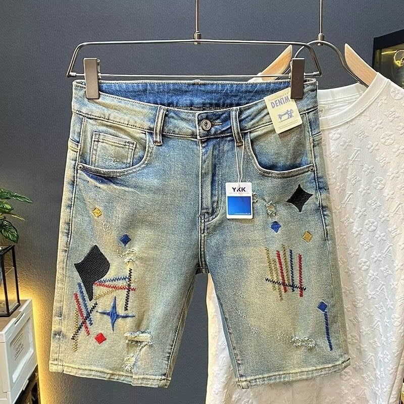 Muške traper šorceve - pet inča duljina, ravni kroj, hip-hop stil, denim tkanina, poliester