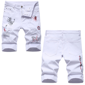 Muški traper šorc, slim fit, print i vezenje, poderane detalje, cropped duljina