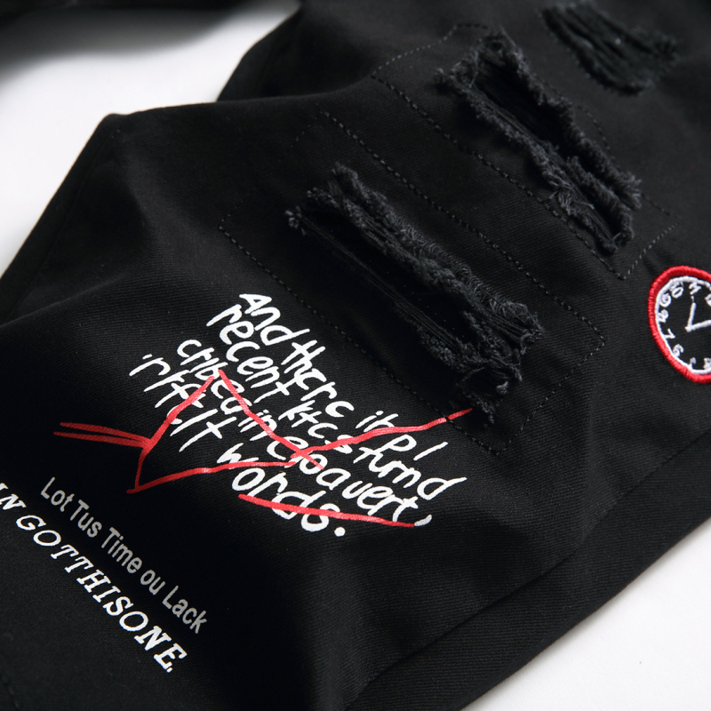 Muški traper šorc, slim fit, print i vezenje, poderane detalje, cropped duljina