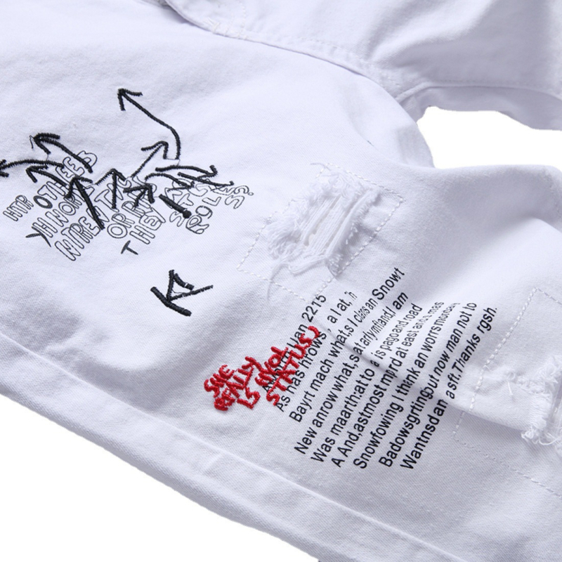 Muški traper šorc, slim fit, print i vezenje, poderane detalje, cropped duljina