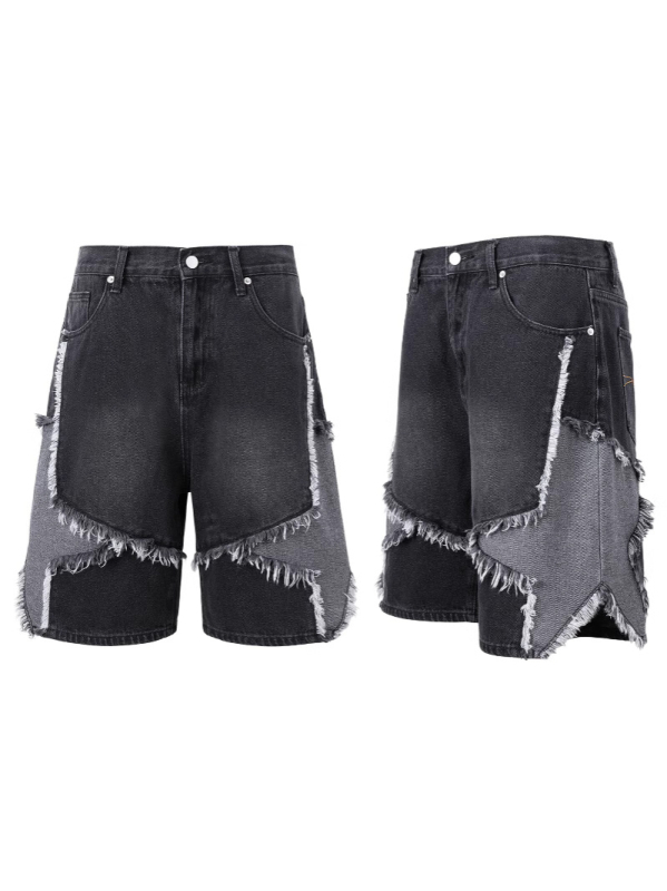 Traper kratke hlače s patchworkom pentagrama, udobnog ravnog kroja, unisex, 95% pamuk, ljeto 2025