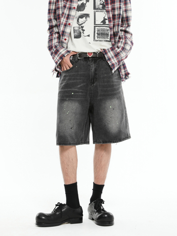 Džins šorc Splash Ink pranje, slobodan kroj, pet segmentna dužina, muški korejski stil, pamuk mješavina, ljeto 2024