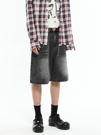 Džins šorc Splash Ink pranje, slobodan kroj, pet segmentna dužina, muški korejski stil, pamuk mješavina, ljeto 2024