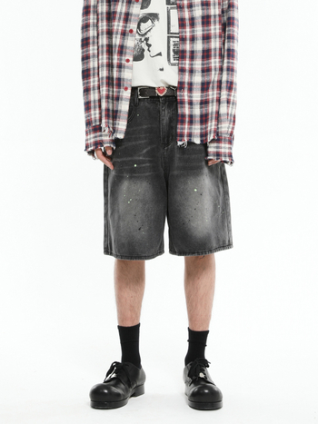 Džins šorc Splash Ink pranje, slobodan kroj, pet segmentna dužina, muški korejski stil, pamuk mješavina, ljeto 2024