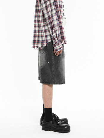 Džins šorc Splash Ink pranje, slobodan kroj, pet segmentna dužina, muški korejski stil, pamuk mješavina, ljeto 2024