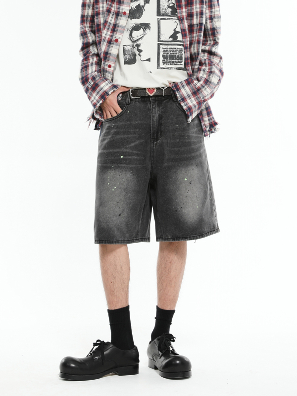 Džins šorc Splash Ink pranje, slobodan kroj, pet segmentna dužina, muški korejski stil, pamuk mješavina, ljeto 2024