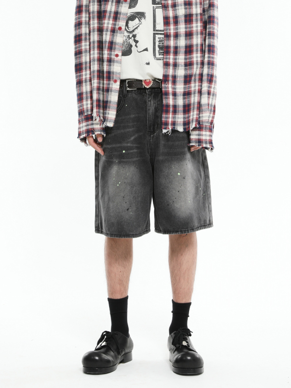 Džins šorc Splash Ink pranje, slobodan kroj, pet segmentna dužina, muški korejski stil, pamuk mješavina, ljeto 2024