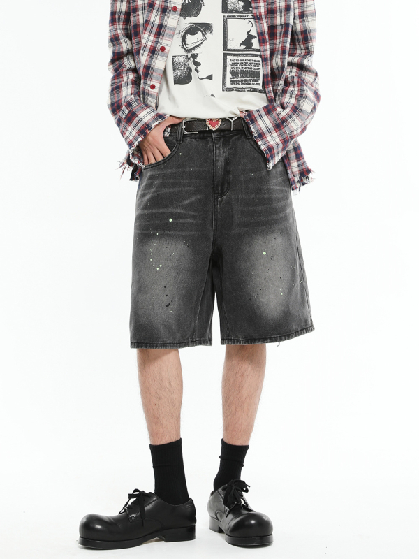 Džins šorc Splash Ink pranje, slobodan kroj, pet segmentna dužina, muški korejski stil, pamuk mješavina, ljeto 2024